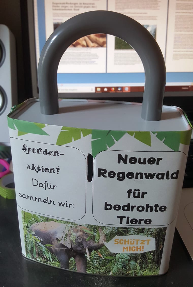 Spendenbox für Projektwoche der Erstklässler der Goetheschule Mühlheim in Mühlheim am Main zum Thema Regenwald