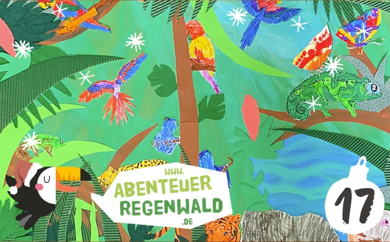 Ein buntes gemaltes Bild, das Tiere im Regenwald zeigt:  Leopard, Elefant, Chamäleon, Papageien, Schmetterlinge