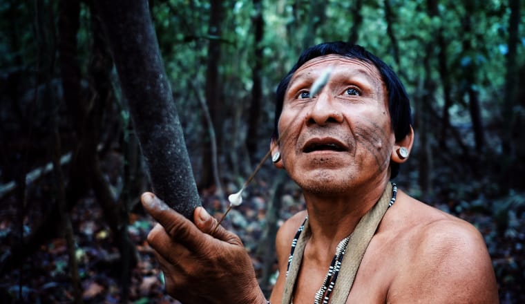 der Stammesälteste Binan Tukum jagt mit seinem Sohn im Regenwald in Brasilien am Amazonas  