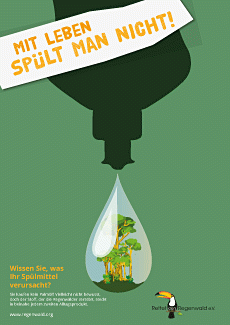 Plakat zeigt einen großen Tropfen mit Regenwald, der aus einer Spülmittelflasche kommt