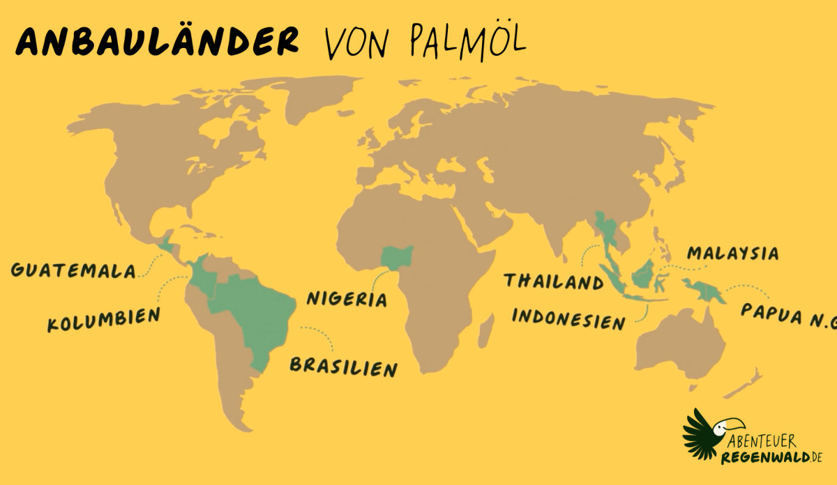 Infografik mit einer Weltkrte, bei der die Länder, in denen Palmöl angebaut wird, hervorgehoben sind