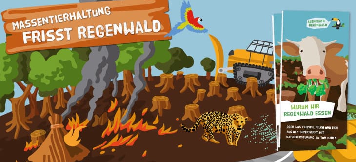 Illustration bei der Regenwald brennt und ein Bulldozer Regenwald platt macht