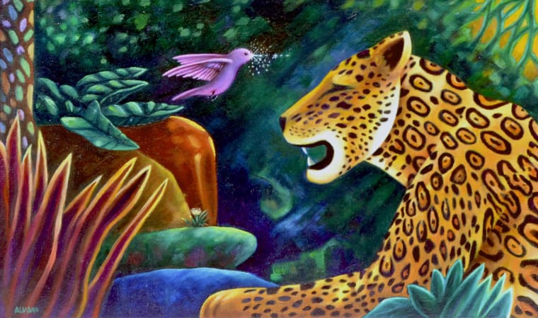 Buchseite, Der Kolibri, der seinen Schnabel verlor,
Kolibri trifft im Dschungel einen Jaguar