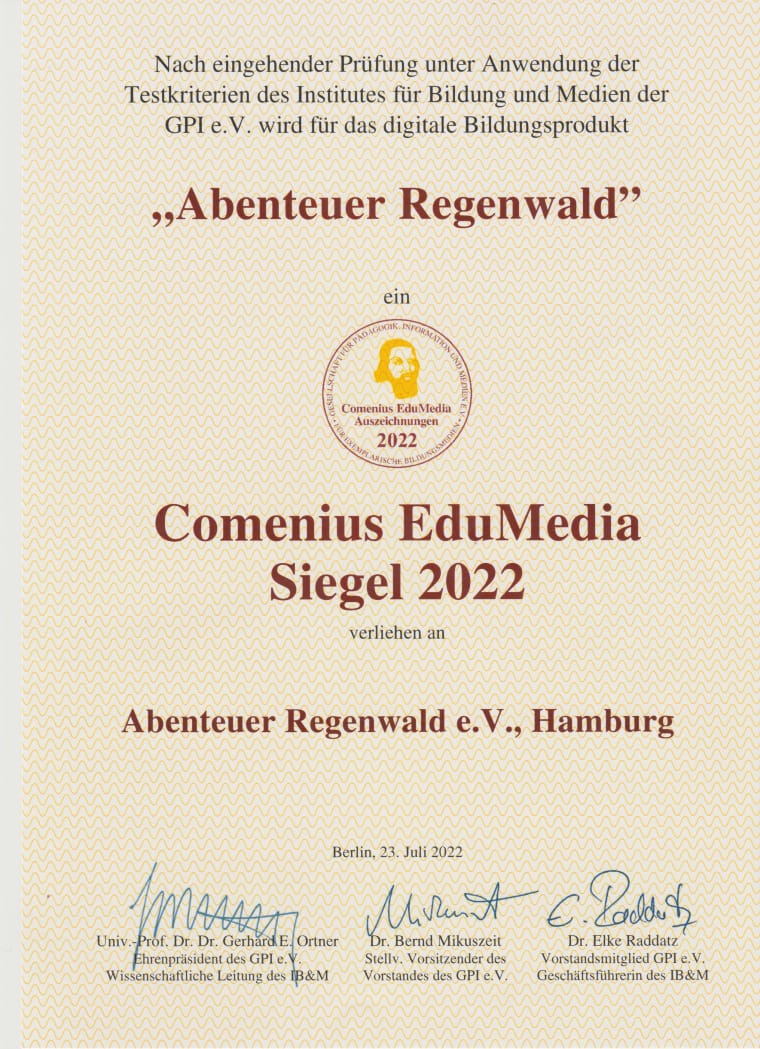 Urkunde über das Comenius EduMedia Siegel 2022 für Abenteuer Regenwald e.V.