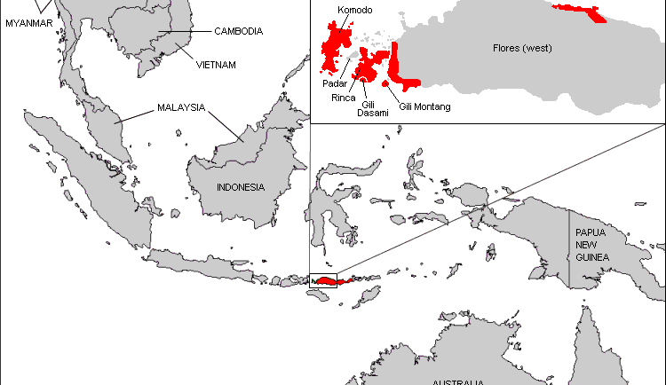 Karte mit Verbreitungsgebiet des Komodowarans – Übersicht und Detail