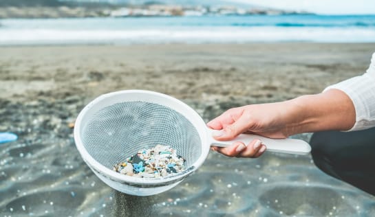 Junge Frau reinigt Mikroplastik aus Sand am Strand-Umweltproblem, Umweltverschmutzung und Warnkonzept für Ökosysteme-Fokus auf die Hand