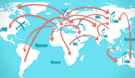Rote Pfeile zeigen auf einer Weltkarte die Lieferketten der Rohstoffe für Handys