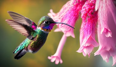 „Picaflor“ heißt der Kolibri auf Spanisch: „Blütenpicker“ – ein perfekter Name. Makrofoto eines Kolibri vor einer Blüte