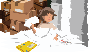 kind-papierstapel Illustration eines Kindes, das in einem Haufen verschiedener Papierarten sitzt.