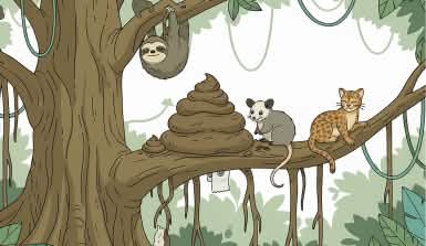Illustration veschiedener Regenwaldtiere (Faultier, Gepard usw), die einen riesigen Haufen in einer Astgabel gemacht haben und zufrieden schauen