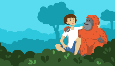 Ein Kind und ein Orang-Utan nehme sich in den Arm – gute Freunde lässt man nie im Stich