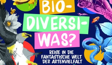 Grill_Neuditschko_Bio-Diversi-Was_Cover2D Buchcover mit bunten Illustrationen veraschienener Tiere und Pflanzen