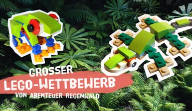 Ein Regenwaldfrosch und ein Leguan aus Lego für den Abenteuer Regenwald Wettbewerb