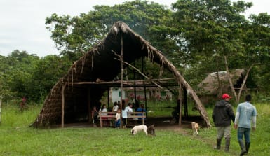 Eine aus Bambus gebaute Hütte in der Form eines Dreiecks steht auf einer Wiese, drinnen sitzen Erwachsene und Kinder auf Holzbänken, davor 2 Mähher und Hunde. Im Hintergrund sieht man Wald