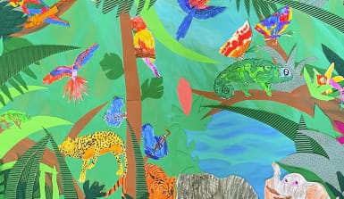 Bio-Forscher-Kurs-Labor-Logizack Buntes Bild eines Dschungels mit vielen Tieren und Pflanzen.