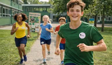 Teenager laufen für Spendenlauf Spendenrallye für den Regenwald mit Stationen für Schulen auf Schulhof 