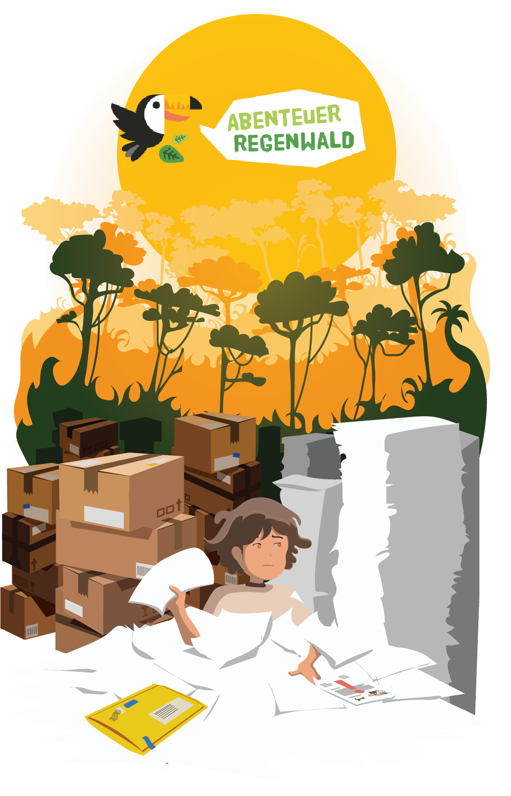 Illustration eines Kindes, das in einen Haufen verschiedener Papierarten sitzt. Im Hintergrund gelblich eingefärbter Regenwald.