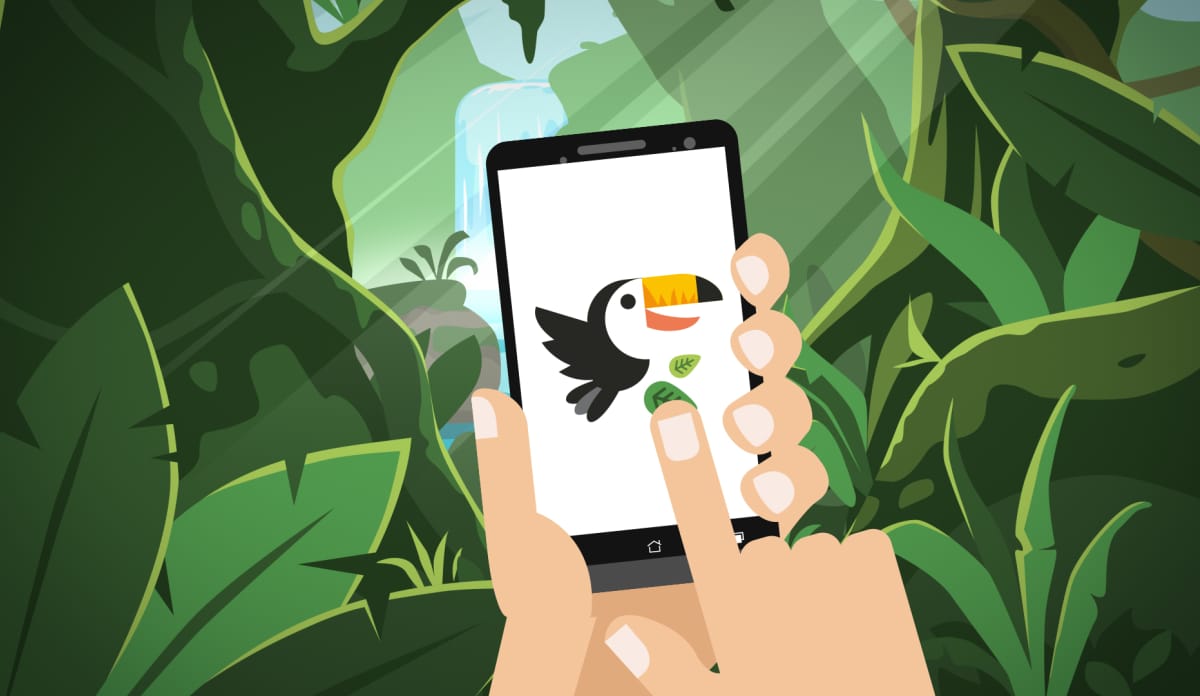 Ausschnitt aus dem Handy-Video Illustration einer hand, die vor grünen Pflanzen ein Handy hält und mit einem Finger auf den Tukan auf dem Display zeigt.