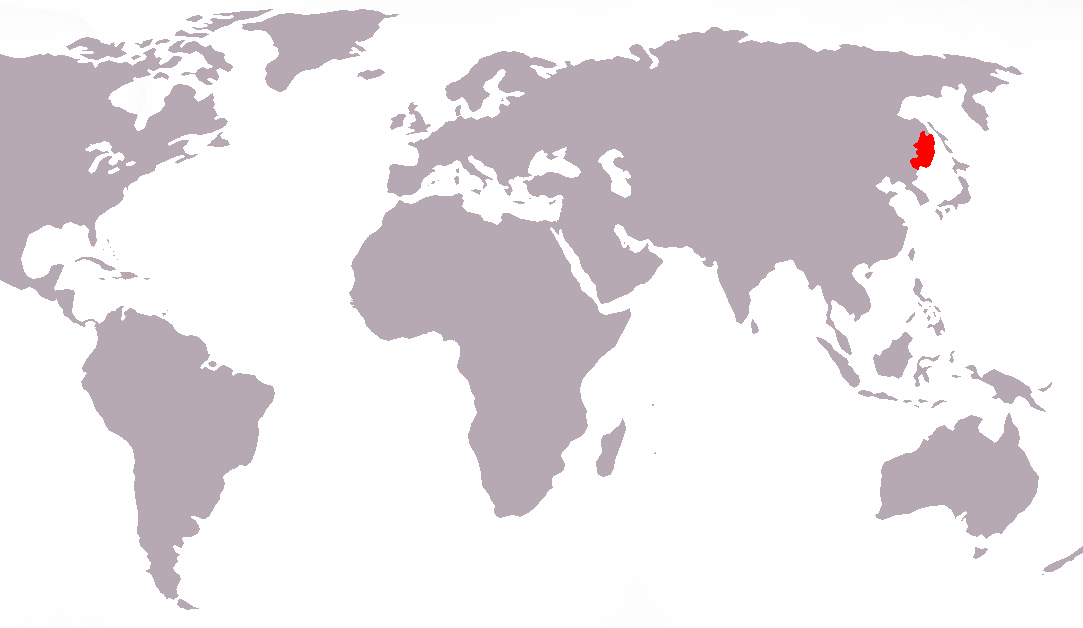 Weltkarte mit rot markiertem Hauptverbreitungsgebiet des Sibirschen Tigers im fernen Osten Russlands. 