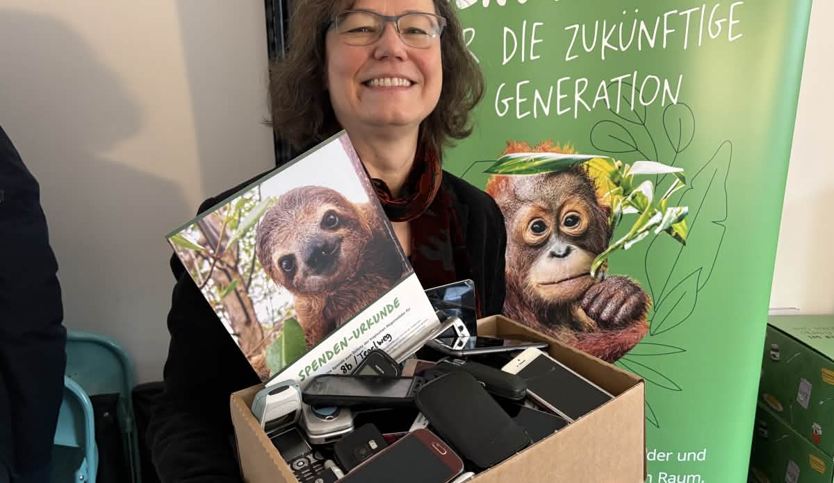 Eine Frau hält einen Pappkarton gefüllt mit Smartphones in der Hand. Sie steht vor einem Plakat mit einem Orang-Utan-Baby und dem Schriftzug Regenwaldschutz für die zukünftige Generation