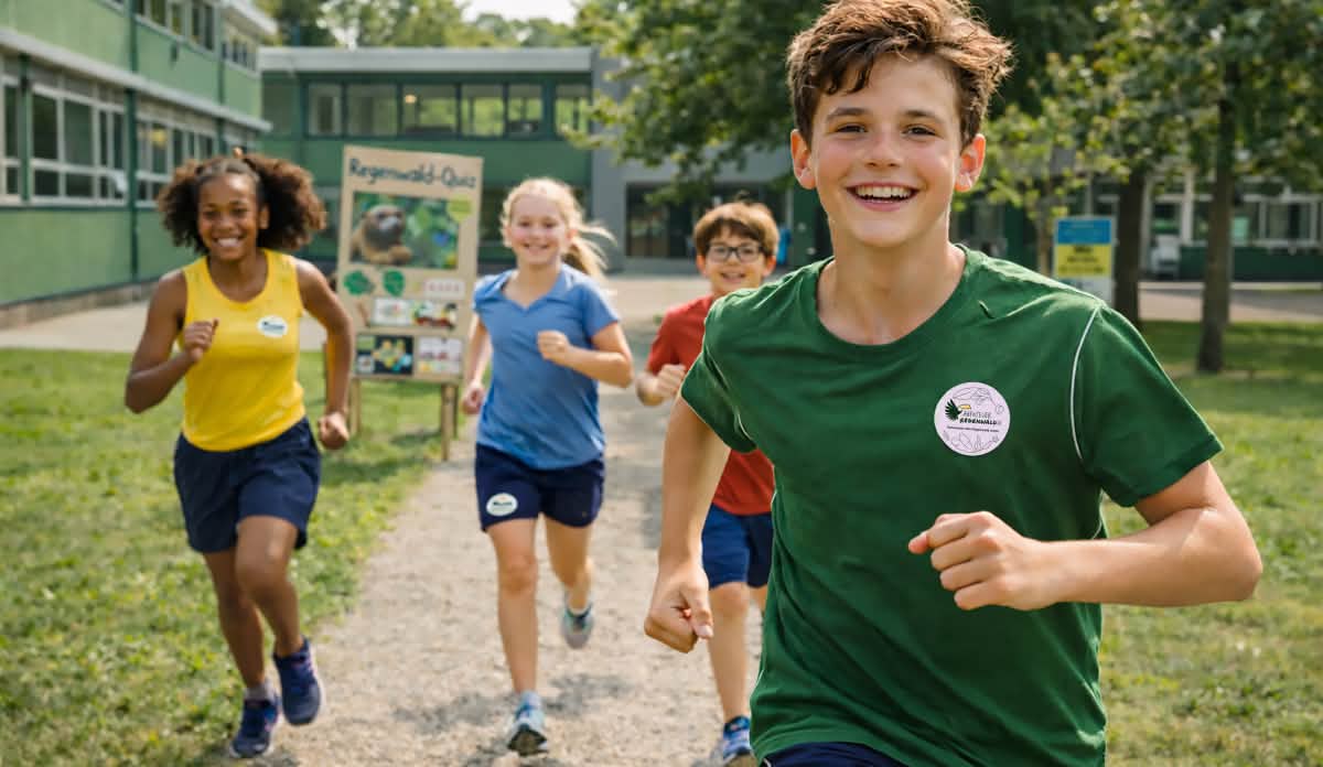 Teenager laufen für Spendenlauf Spendenrallye für den Regenwald mit Stationen für Schulen auf Schulhof 
