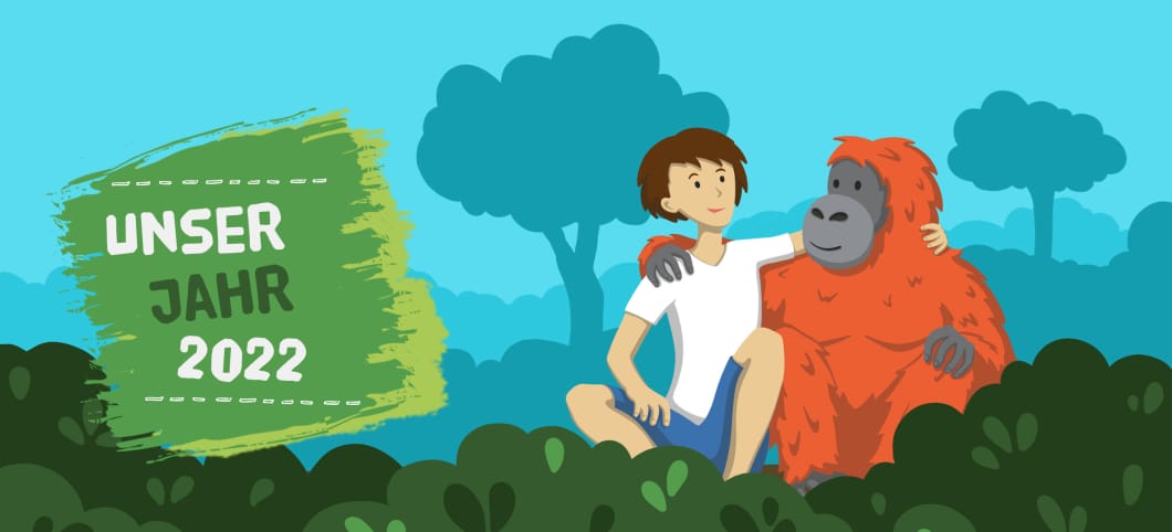 Unser Regenwald-Jahr 2022: Ein Orang-Utan und ein Mensch umarmen sich – denn gute Freunde lässt man nie im Stich.