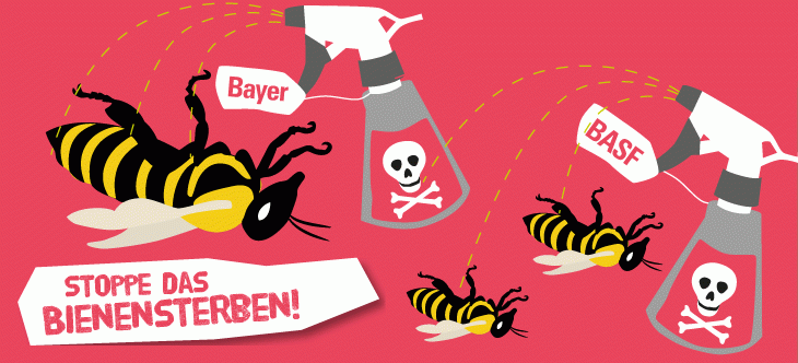 Illustration mit durch Sprühnebel vergiftete Bienen