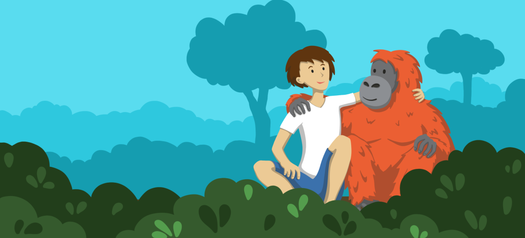 Ein Kind und ein Orang-Utan nehme sich in den Arm – gute Freunde lässt man nie im Stich