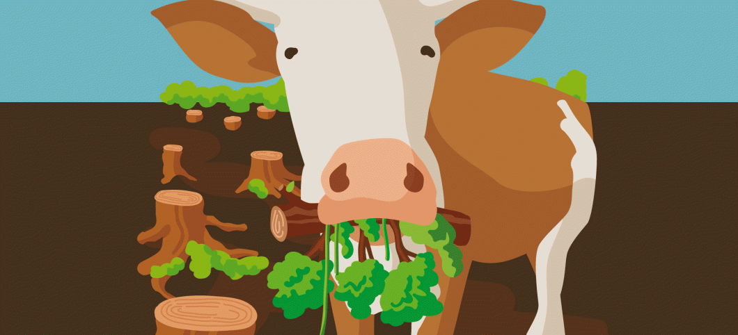 Eine illustrierte Kuh frisst einen Regenwaldbaum als Metapher dafür, dass für Fleisch Regenwald gerodet wird